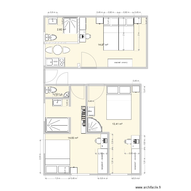 espaceS nuit  3. Plan de 5 pièces et 47 m2