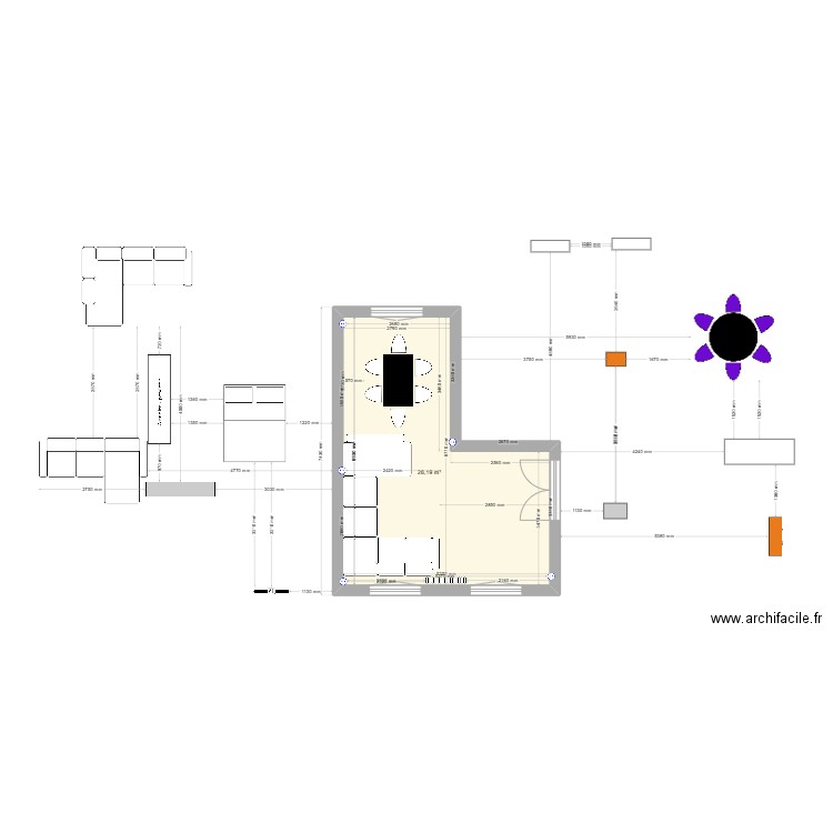 manger. Plan de 1 pièce et 28 m2