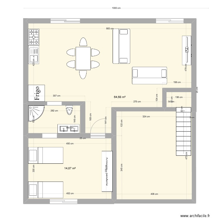 etage maison. Plan de 2 pièces et 80 m2