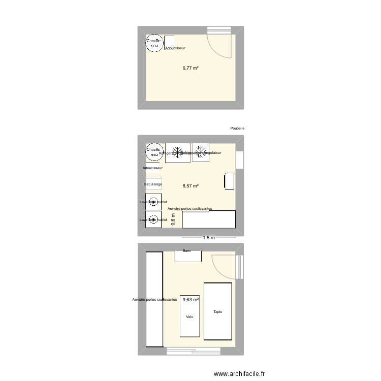 Buanderie. Plan de 3 pièces et 25 m2