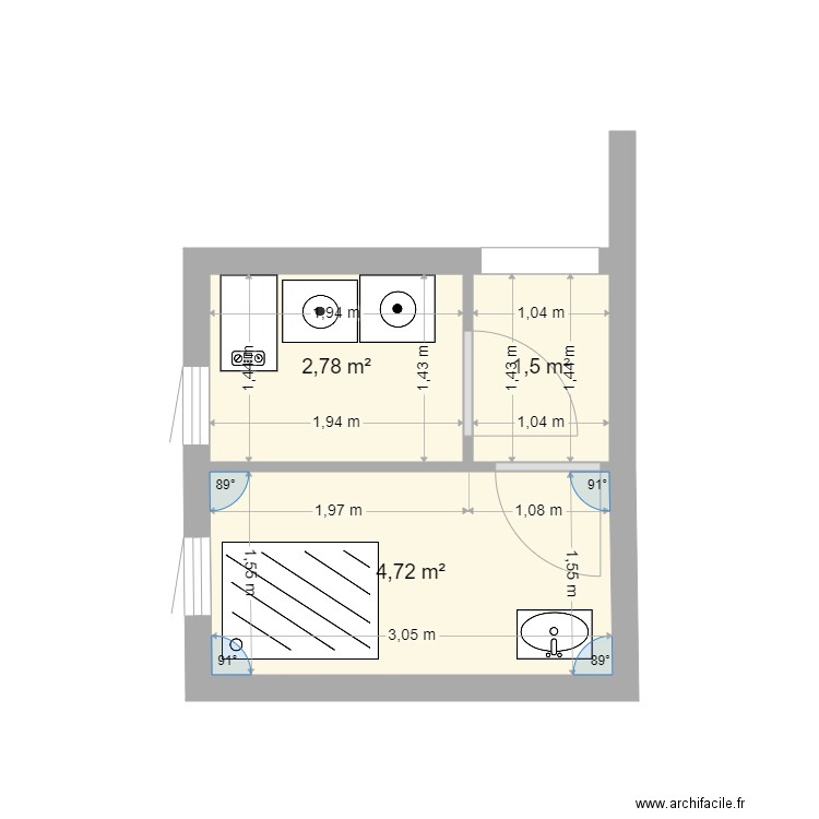 drogat. Plan de 3 pièces et 9 m2