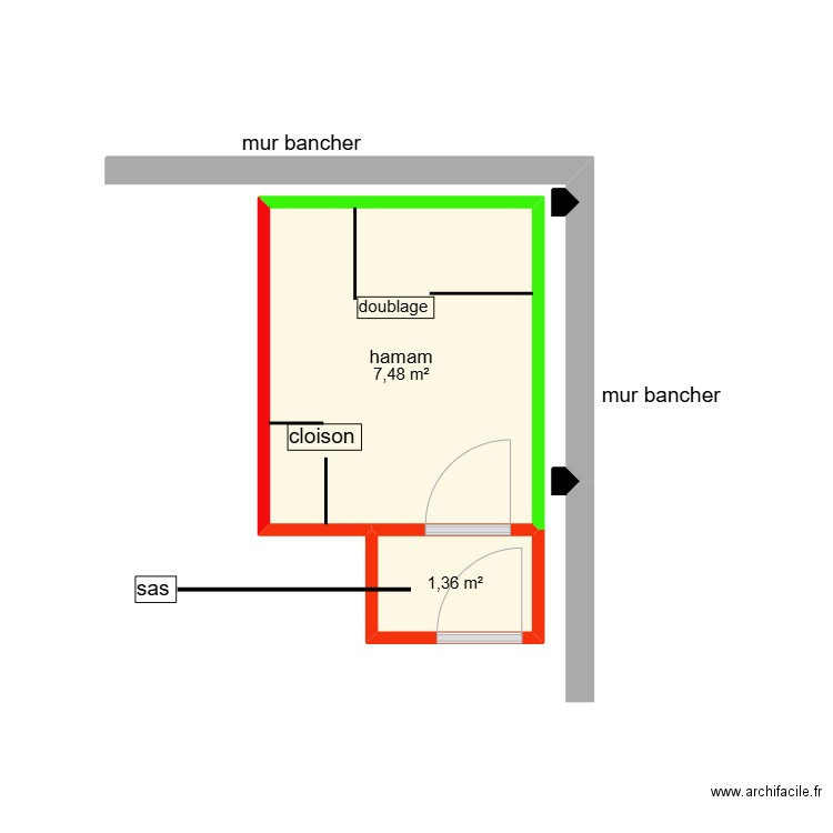 hamam. Plan de 2 pièces et 9 m2
