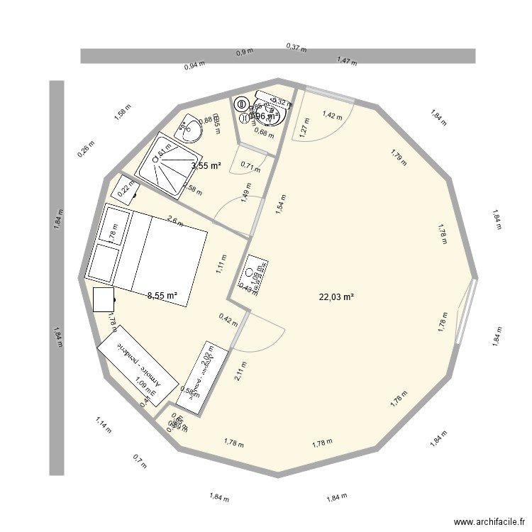 yourte 2. Plan de 4 pièces et 35 m2