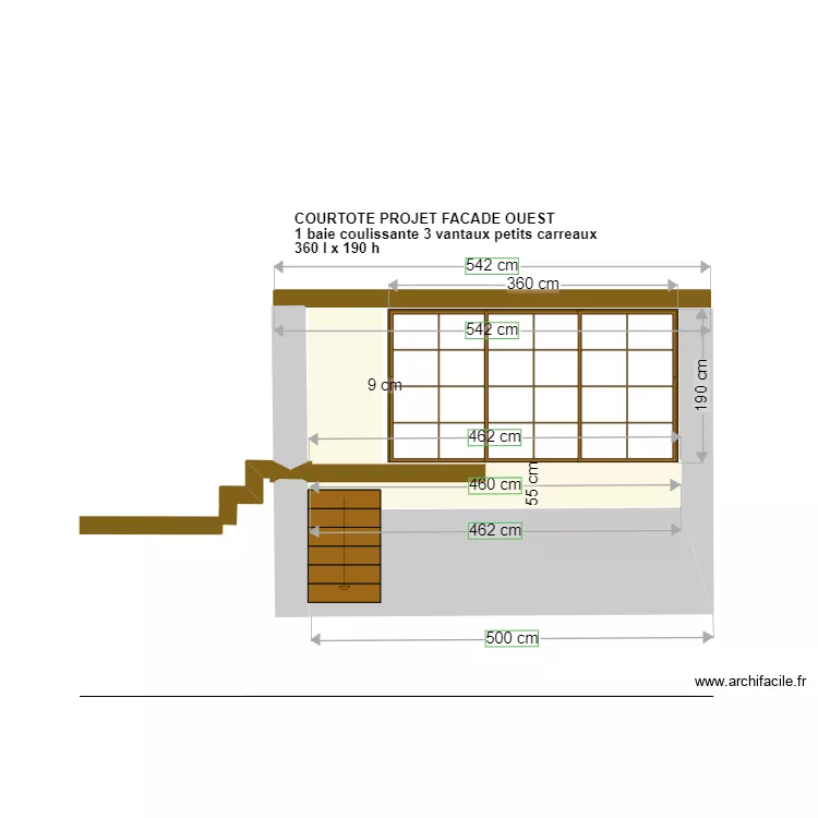 PLAN FACADE COURTOTE  OUEST baie vitr&eacute;e 360x190petits carreaux. Plan de 