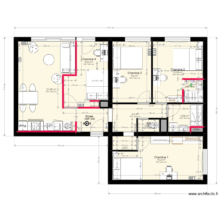 30 Cours de Bilbao - Projet grande chambre. Plan de 12 pièces et 78 m2