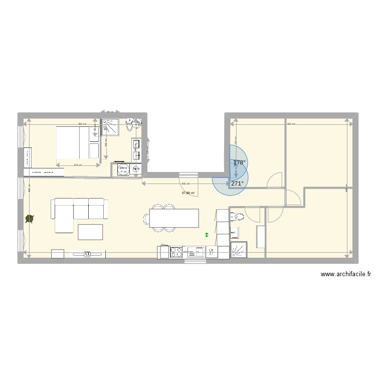 Carnot. Plan de 1 pièce et 98 m2