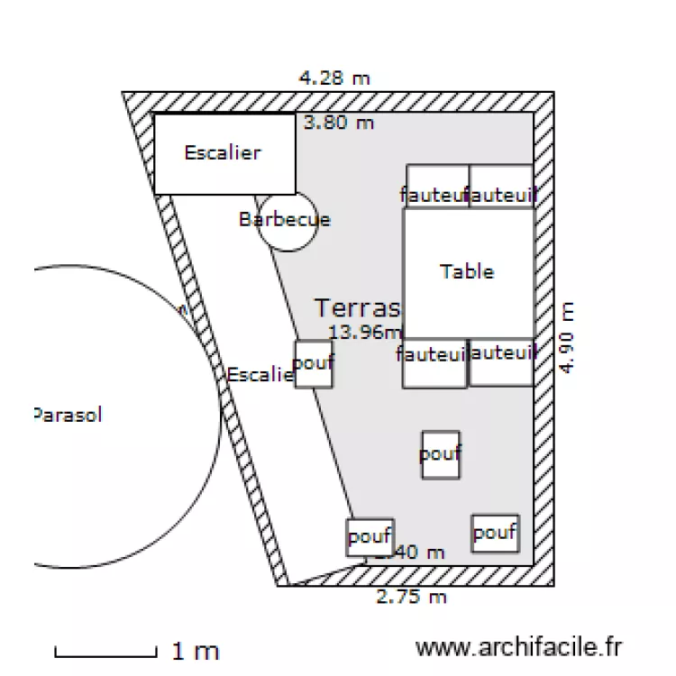 terrasse avec mobilier. Plan de 