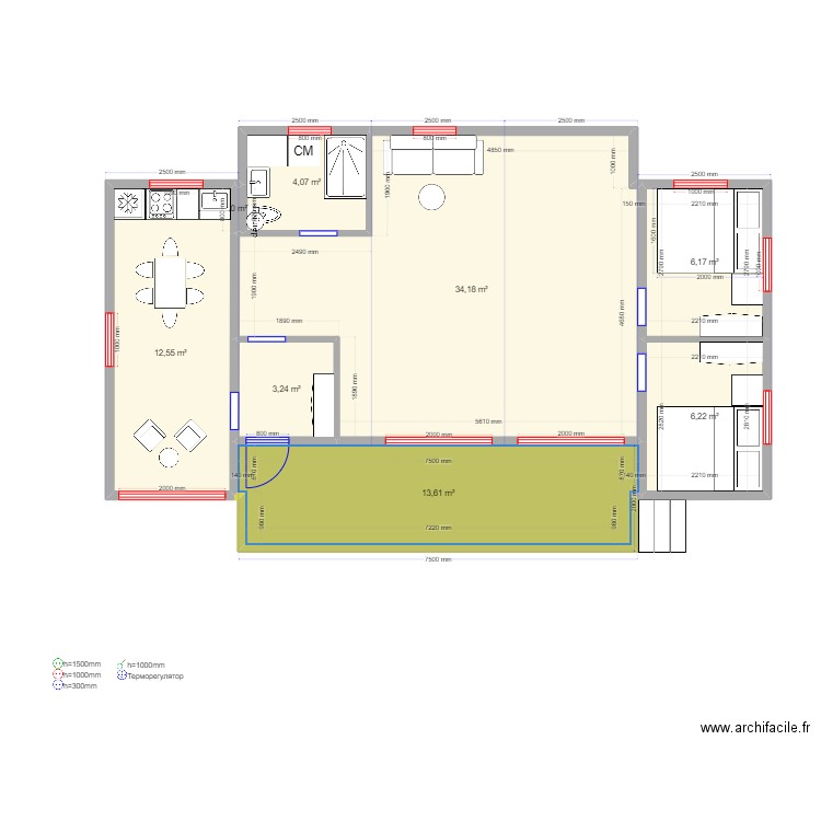 75 3 1. Plan de 8 pièces et 80 m2