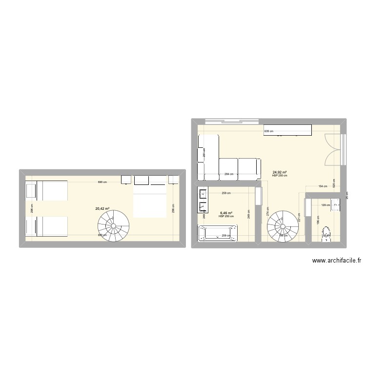 Chambre duplex . Plan de 3 pièces et 52 m2