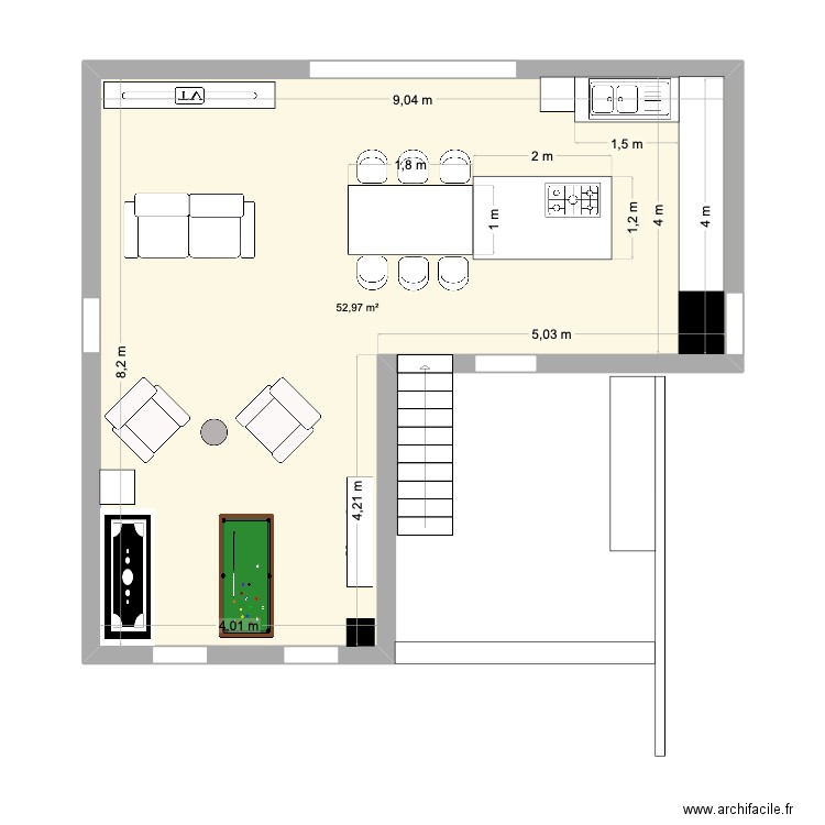 Aa3. Plan de 1 pièce et 53 m2