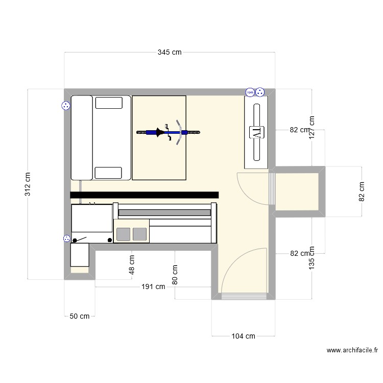 Chambre V2. Plan de 2 pièces et 9 m2