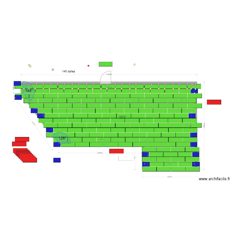 145 dalles le 23 3 22 + plots. Plan de 1 pièce et 73 m2