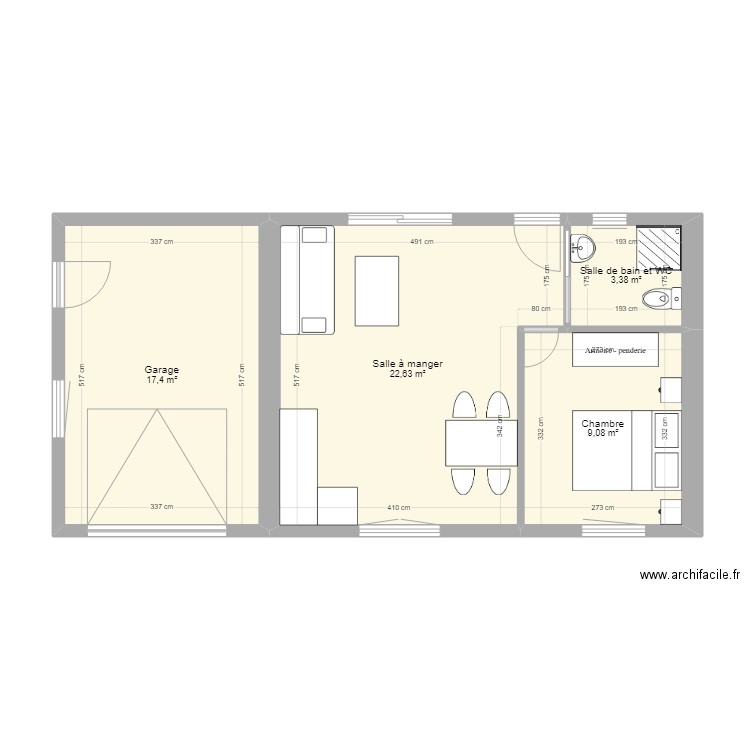 grange. Plan de 4 pièces et 52 m2