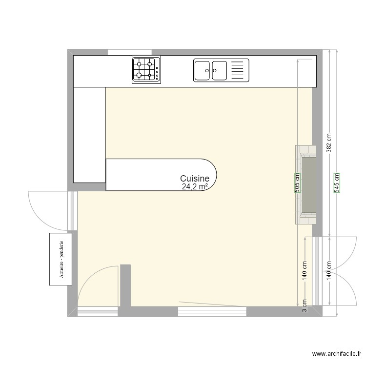 Cuisine plan aménagement. Plan de 1 pièce et 24 m2