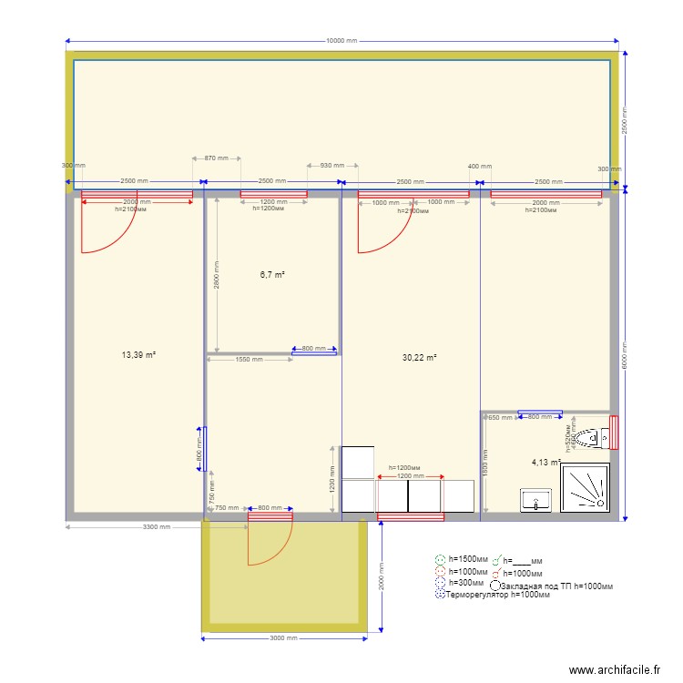 Evgesha. Plan de 6 pièces et 82 m2