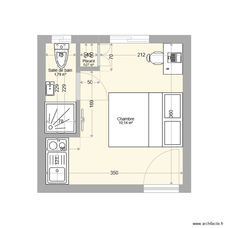 Chambre Mvogbi 4bis. Plan de 3 pièces et 12 m2