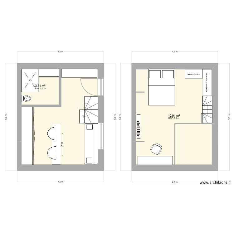 phase 3 studio etudiant propo 2 sans meuble. Plan de 3 pièces et 40 m2