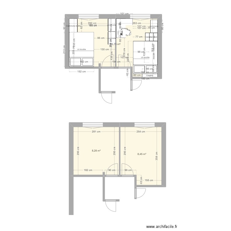 chambreFilles. Plan de 3 pièces et 33 m2