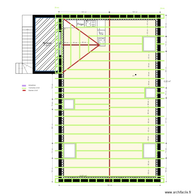 MAISON  CHARPENTE. Plan de 4 pièces et 93 m2