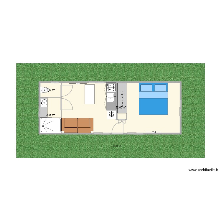 plan thai 1. Plan de 3 pièces et 27 m2