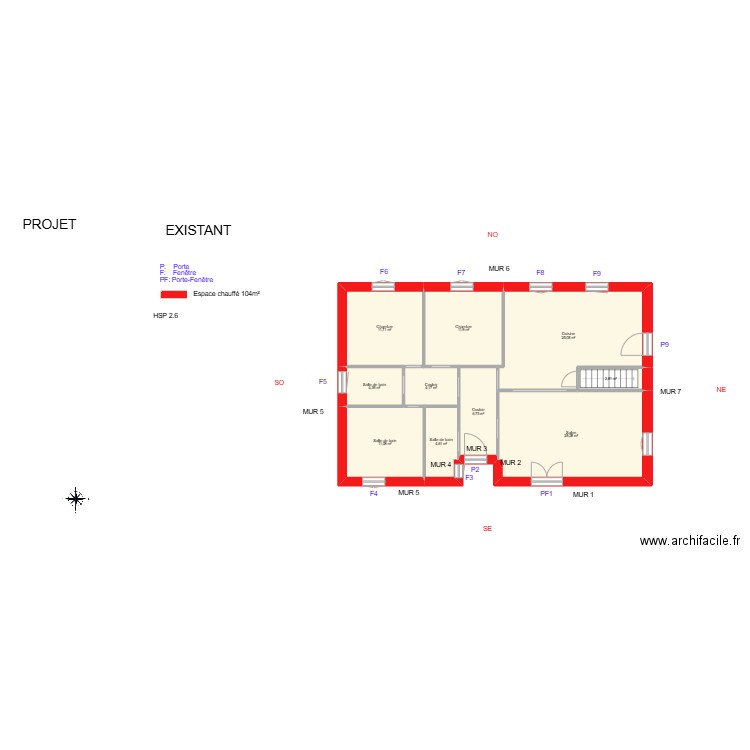 DOUILLARD_ Existant. Plan de 10 pièces et 108 m2