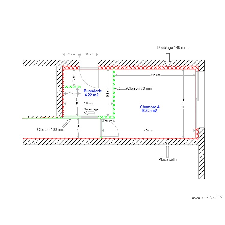 BELMONTE CHAMBRE 4 PROJET CLOISONS. Plan de 2 pièces et 15 m2