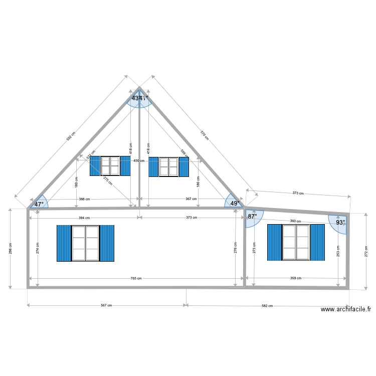 Facade NORD  état projeté avec extension. Plan de 4 pièces et 46 m2