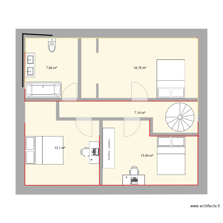 etage. Plan de 5 pièces et 58 m2