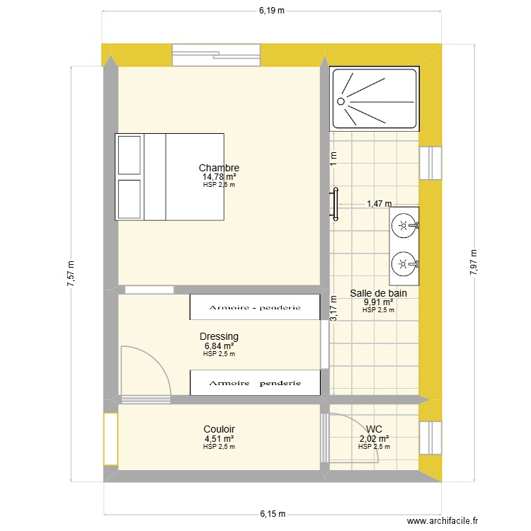 chambre parentale. Plan de 5 pièces et 38 m2
