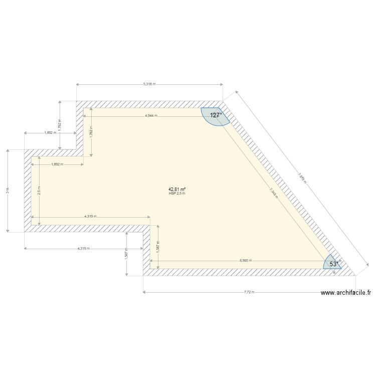 surface terrasse 2. Plan de 1 pièce et 43 m2