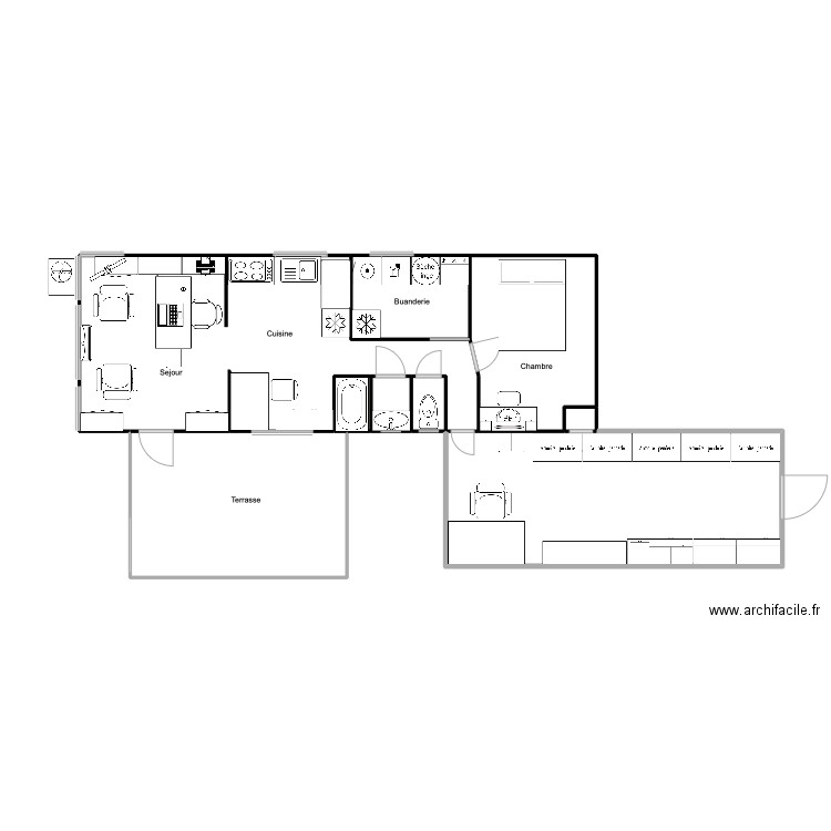 Plan du Mobil-Home avec extension. Plan de 9 pièces et 70 m2