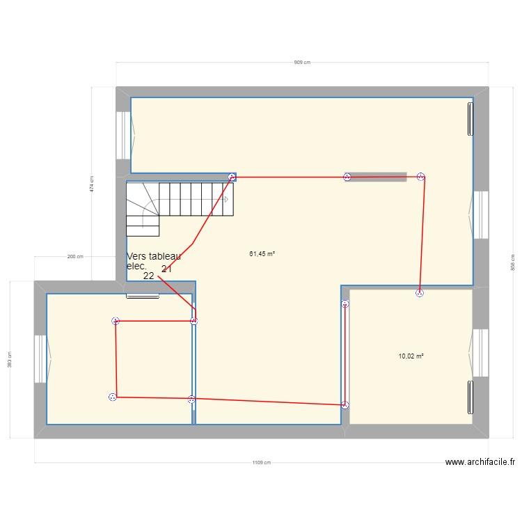 R+1 comble prise electricité. Plan de 2 pièces et 71 m2