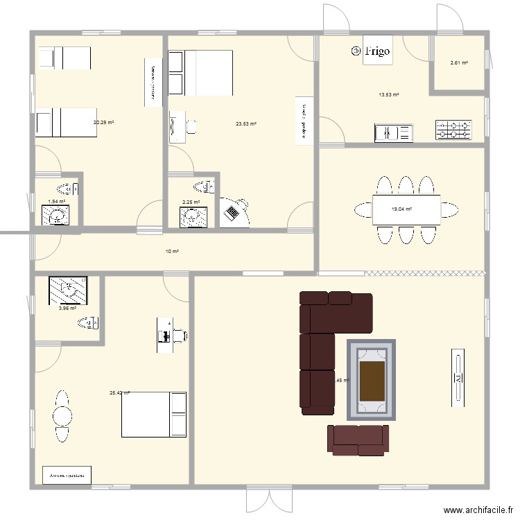 plan de 3 chambres salon avec salle à manger et cuisine . Plan de 0 pièce et 0 m2