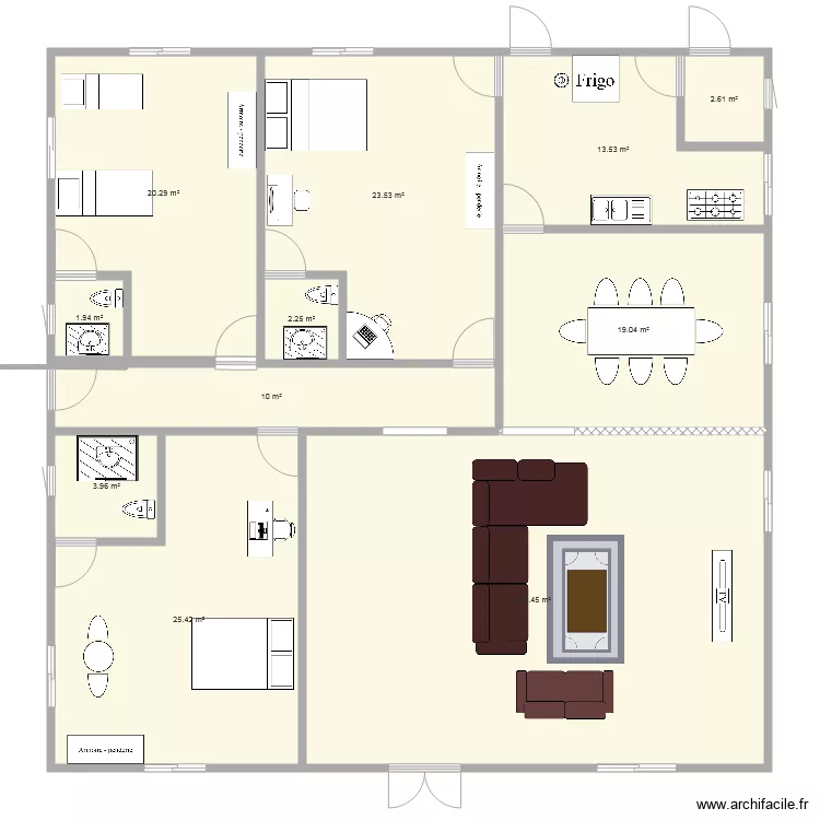 plan de 3 chambres salon avec salle &agrave; manger et cuisine . Plan de 