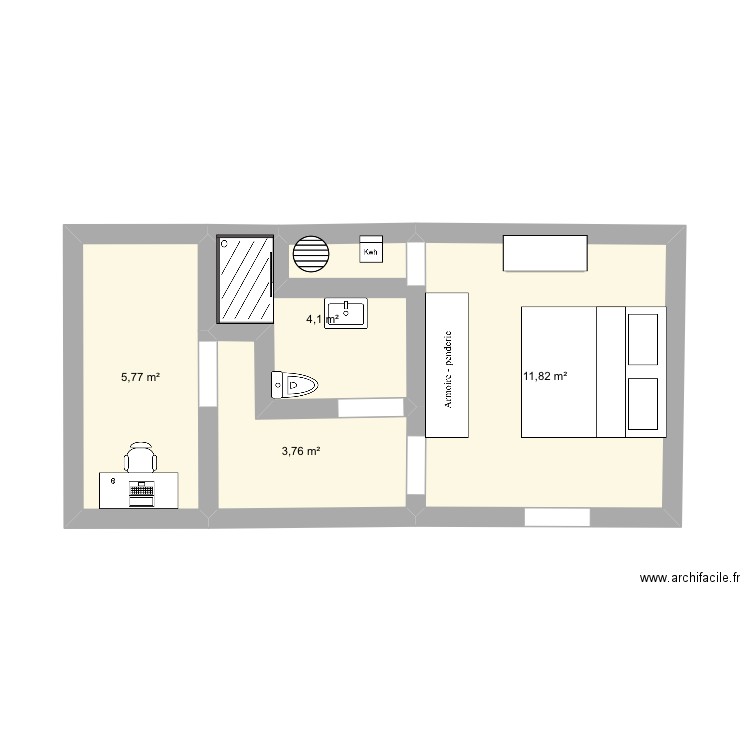 Chambre salle de bain. Plan de 4 pièces et 25 m2