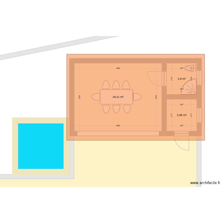 Piscine + poolhouse. Plan de 4 pièces et 208 m2