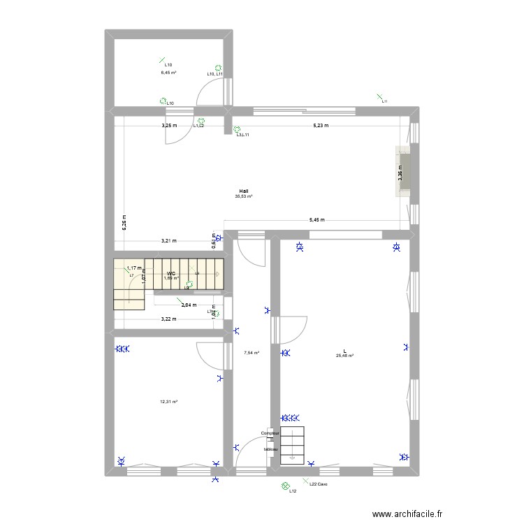 Plan prise et appareil. Plan de 12 pièces et 203 m2