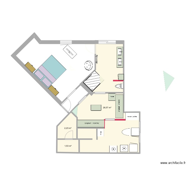 Salle bain 1. Plan de 3 pièces et 30 m2