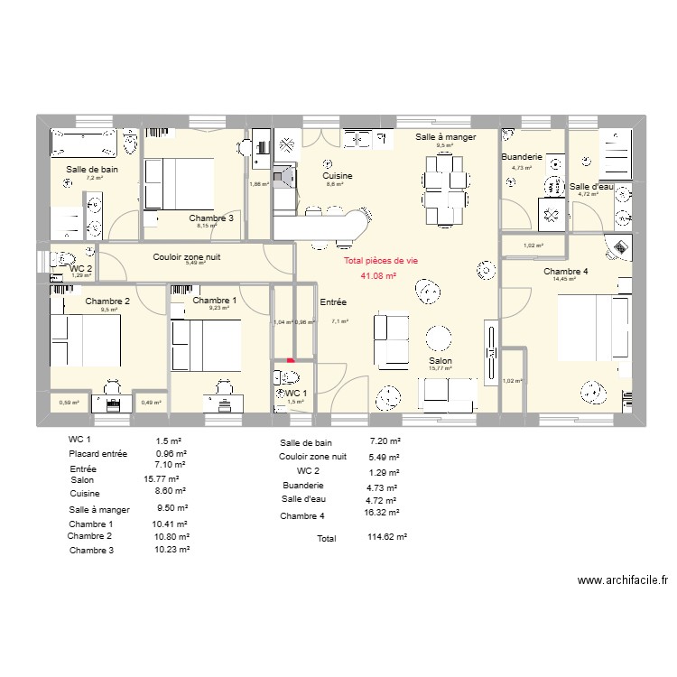 Zeb et Cindy 1. Plan de 21 pièces et 114 m2