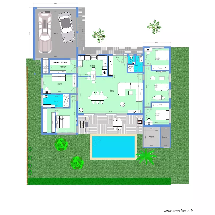 maison plein pied en H. Seul. Plan de 
