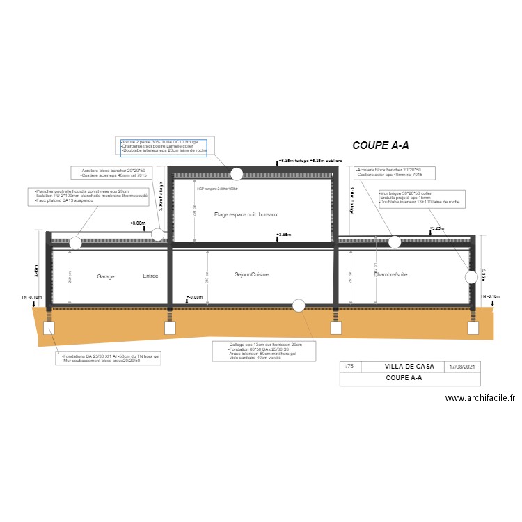 coupe AA DE CASA 2. Plan de 8 pièces et 76 m2