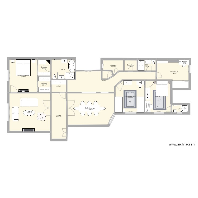 Appartement campagne première transfo 5. Plan de 16 pièces et 148 m2