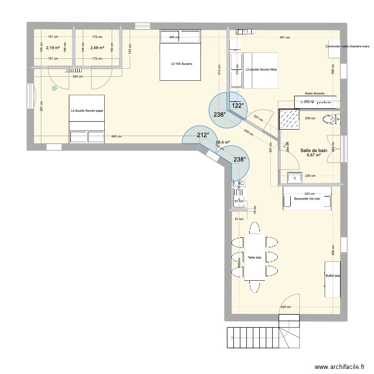 Gite Etage. Plan de 4 pièces et 80 m2