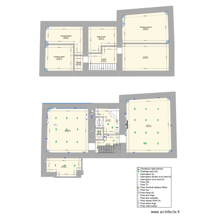 sans placo. Plan de 13 pièces et 153 m2