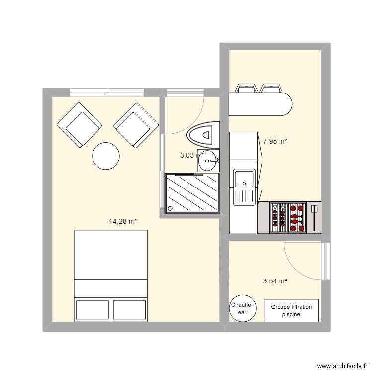 POOL HOUSE. Plan de 4 pièces et 29 m2