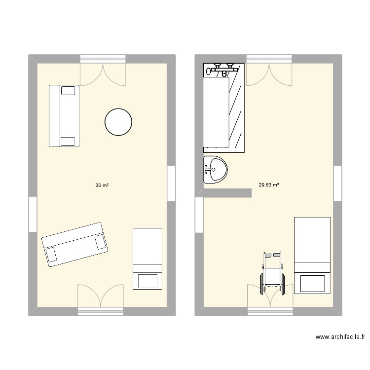 Rob. Plan de 2 pièces et 60 m2