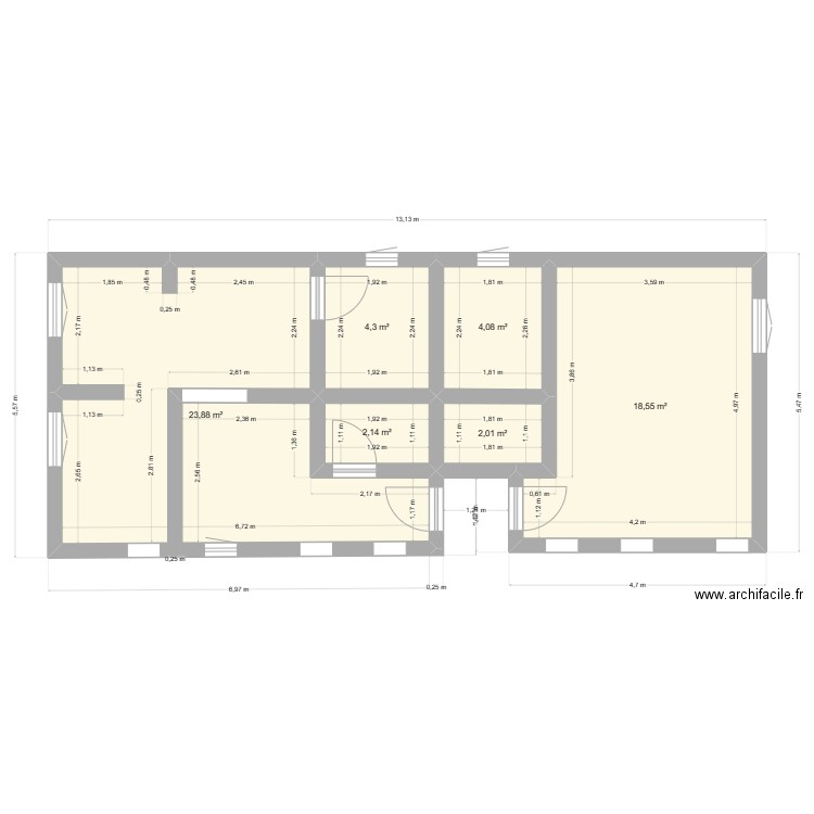 salon coiffure. Plan de 6 pièces et 55 m2