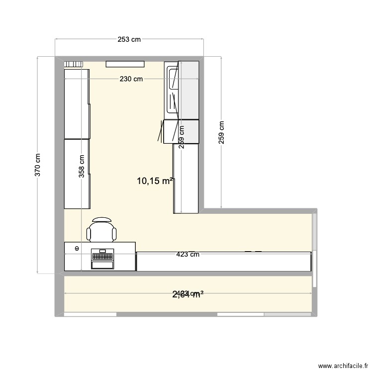 Bureau fond AUDIKA. Plan de 2 pièces et 13 m2