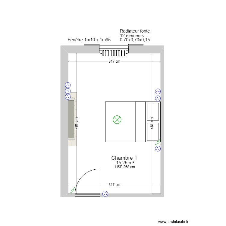 Chambre 1. Plan de 1 pièce et 15 m2