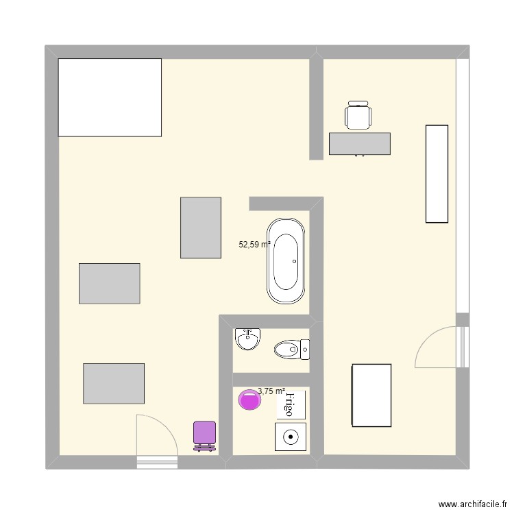 plan salon . Plan de 2 pièces et 56 m2